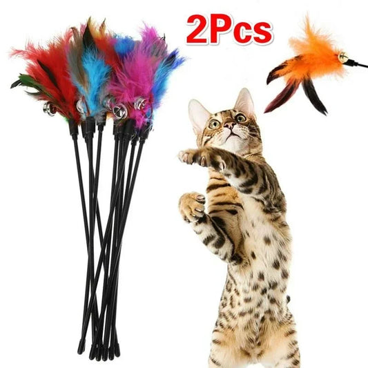 2 Cat Toys with Bell and Feathers - Interactive Fun for Your Cat: Stimulates Hunting Instinct, Hours of Entertainment